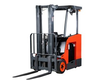 Frontal View of the Linde 1346 Standup Forklift on a White Background