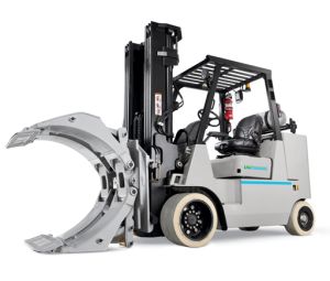 Frontal View of a Unicarriers CF100 Forklift With Clamp Attachment on a White Background