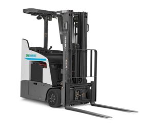 Frontal View of the Unicarriers SCX N2 Stand Up Forklift on a White Background