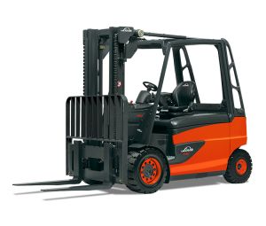 3/4 Frontal View of a Red Linde E50 Electric Forklift on a White Background