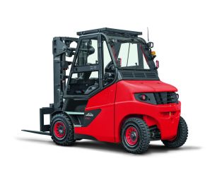 Rear View of a Linde 1279 E60 Heavy Duty Electric Forklift on a White Background
