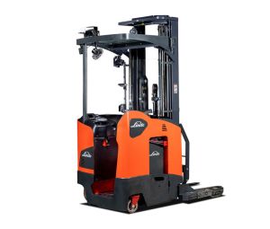 Rear View of a Red Linde 5195 Reach Truck on a White Background 