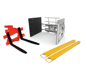 A Variety of Forklift Attachments on a White Background
