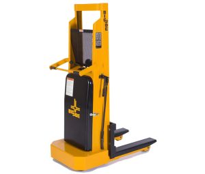 A Rear View of a Yellow Big Joe IBH Stacker on a White Background