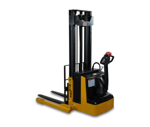 Rear View of a Yellow Big Joe PDS Walkie Straddle Stacker on a White Background