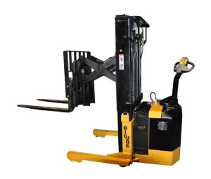 Profile View of a PDSR Walkie Reach Stacker With Its Mast Raised and Forks Extended on a White Background