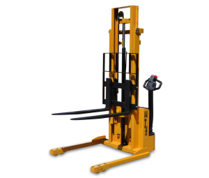 Frontal 3/4 View of an S22 Walkie Stacker With Its Forks Raised on a White Background