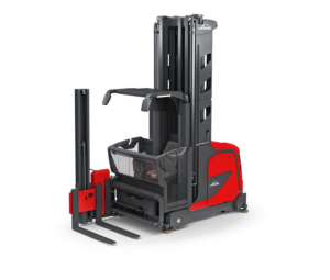 A Red Linde K-Series Man Up VNA Lift on a White Background