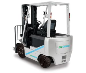 The Back View of a Unicarriers BX50 Electric 4-Wheel Forklift on a White Background