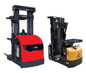 A Rear View of a Linde Order Picker and a Big Joe Joey Order Picker on a White Background