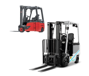 A Red Linde 3 Wheel Forklift and a White Unicarriers Forklift on a White Background