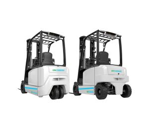 A Rear View of a 3-Wheel and 4-Wheel Unicarriers MXS Series Forklift on a White Background