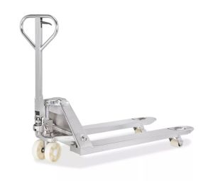 A Rear View of a Stainless Steel Clean Room Pallet Jack on a White Background