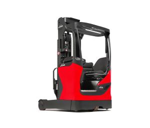 A Rear View of a Red Linde 1120 R16 Stand Up Narrow Aisle Forklift on a White Background