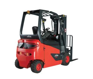A Rear View of a Linde 1276 Series E30 Electric Forklift on a White Background