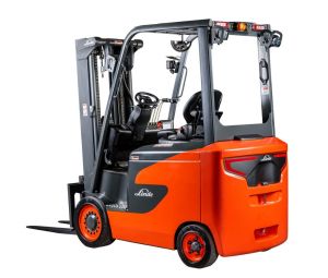 Rear View of a Red Linde 1347 Series Electric Forklift on a White Background 