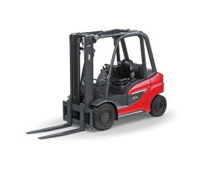 A Red Linde 1202 Series Pneumatic Tire Forklift on a White Background