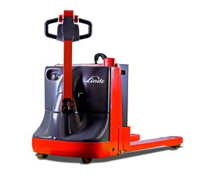 A Red Linde MT20 Electric Pallet Jack on a White Background