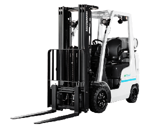 Frontal View of a Blue and White Unicarriers CF Series Propane Forklift on a White Background
