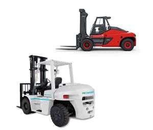 A Unicarriers High Capacity Forklift and a Linde Forklift on a White Background