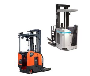 A red Linde 5195 Reach Truck and a Unicarriers SRX Reach Truck on a White Background