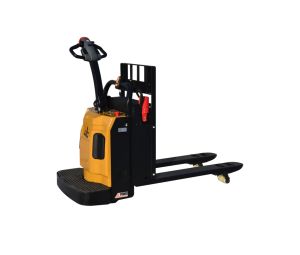 Profile View of a Big Joe RPL44 Rider Pallet Jack on a White Background