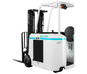 A Rear View of a White Unicarriers SCX Stand Up Forklift on a White Background