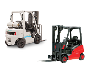 A Rear View of a White Outdoor Forklift and a Frontal View of a Red Outdoor Forklift on a White Background