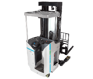 A back view of a White Unicarriers Stand Up Reach Truck on a White Background