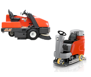 An Industrial Sweeper and Scrubber on a White Background
