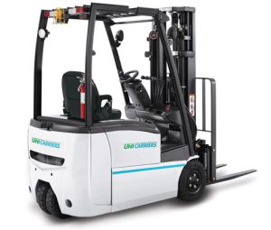 Back view of Unicarriers TX30 3 Wheel Forklift on White Background