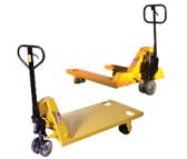 A Yellow Big Joe Lift Table and an Extra Wide Pallet Truck on a White Background