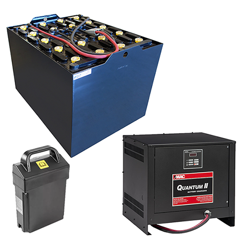 Forklift Batteries and a Charger on a White Background
