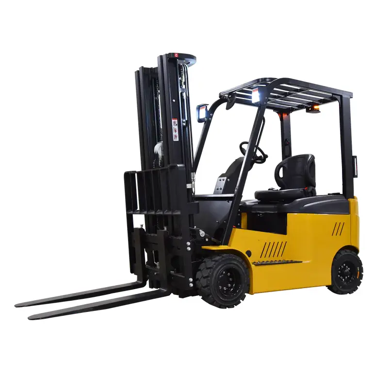 Frontal view of a big joe sit-down electric forklift on a white background