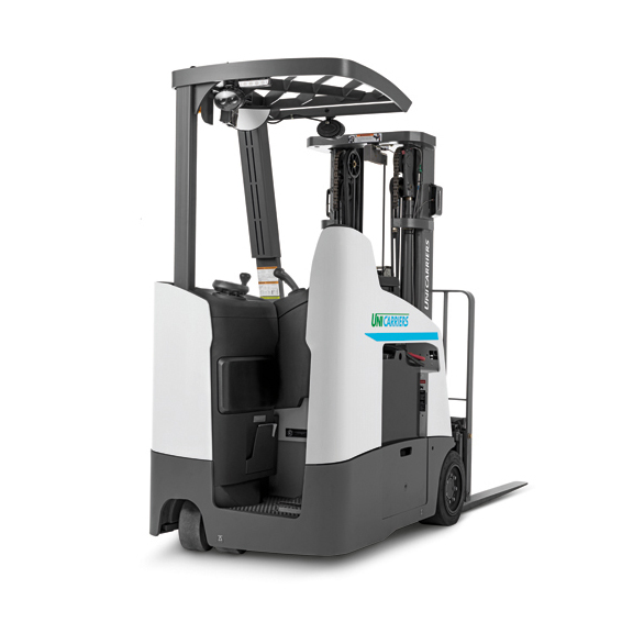 Rear View of the Unicarriers SCX N2 Standup Forklift on a White Background