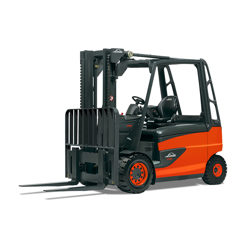 3/4 Frontal View of a Red Linde E50 Electric Forklift on a White Background