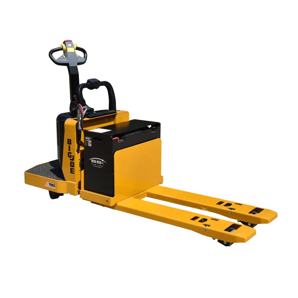 Frontal view of a big joe wrt60 rider pallet jack on a white background