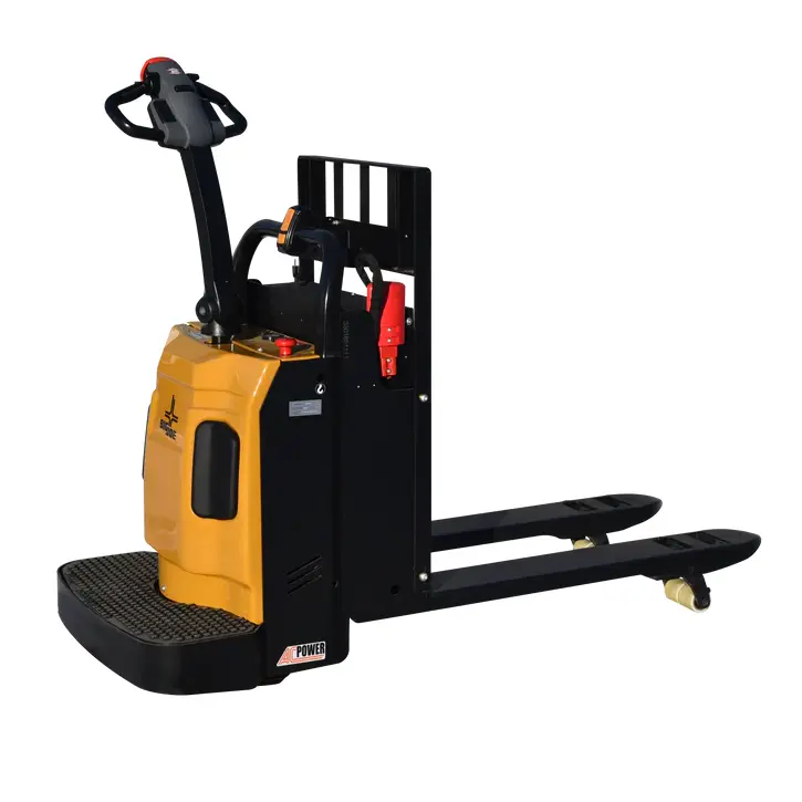 Rear view of a Big Joe RPL44 rider pallet jack on a white background