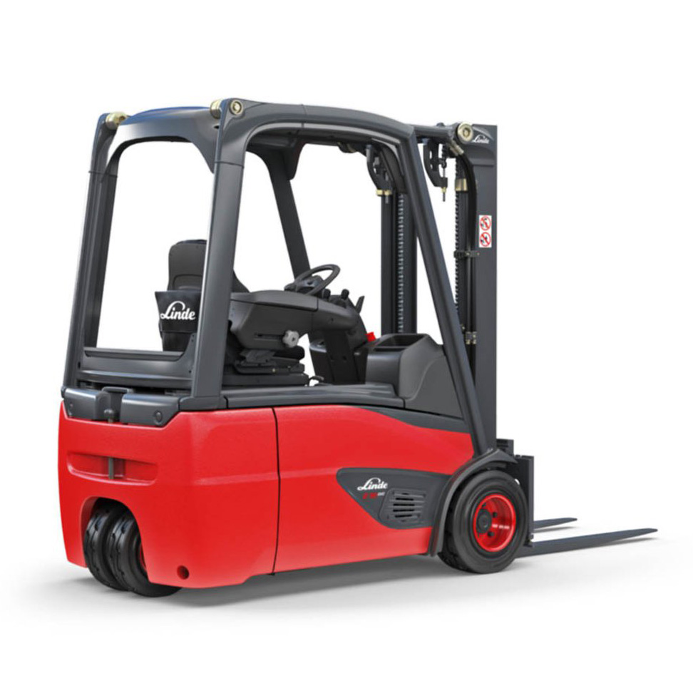 A Red Linde E18 Electric Forklift on a White Background