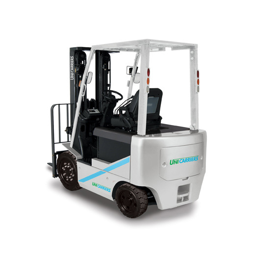 The Back View of a Unicarriers BX50 Electric 4-Wheel Forklift on a White Background