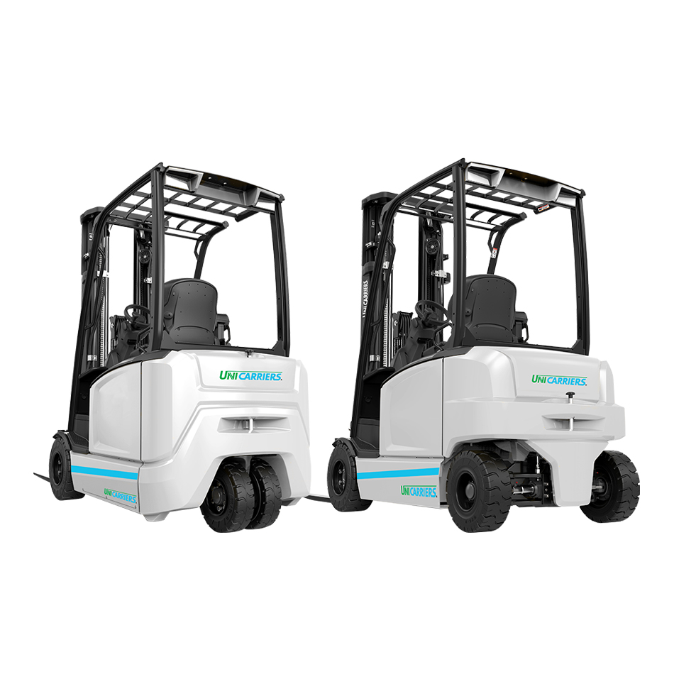 A Rear View of a 3-Wheel and 4-Wheel Unicarriers MXS Series Forklift on a White Background