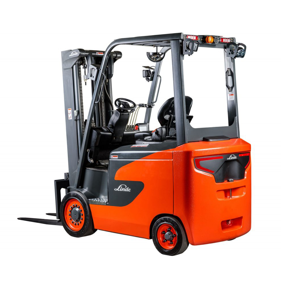 Rear View of a Red Linde 1347 Series Electric Forklift on a White Background