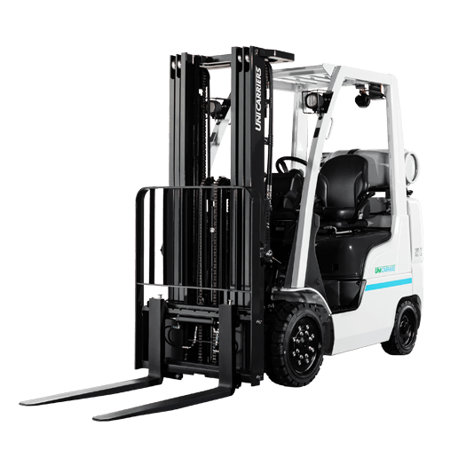 Frontal View of a Blue and White Unicarriers CF Series Propane Forklift on a White Background