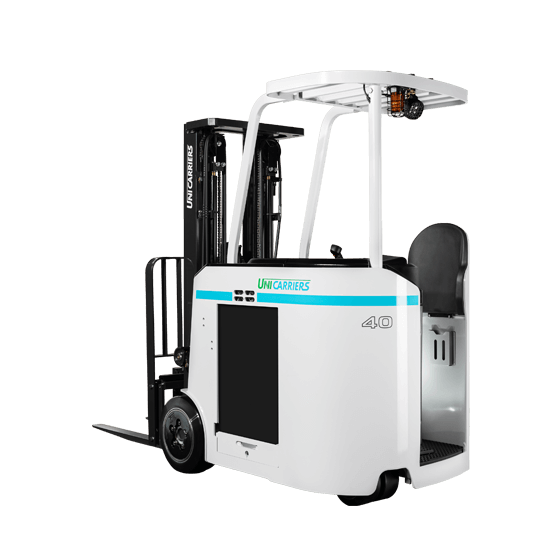 A Rear View of a White Unicarriers SCX Stand Up Forklift on a White Background