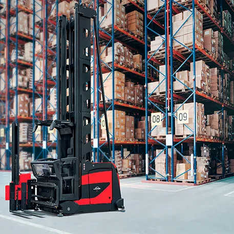 a linde turret truck inside of a warehouse