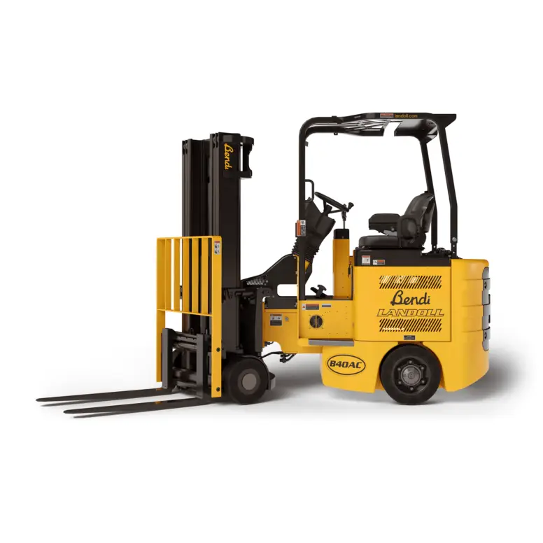 a bendi b30 narrow aisle forklift on a white background
