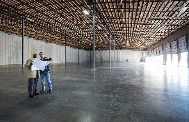 two men standing in an empty warehouse reviewing building plans